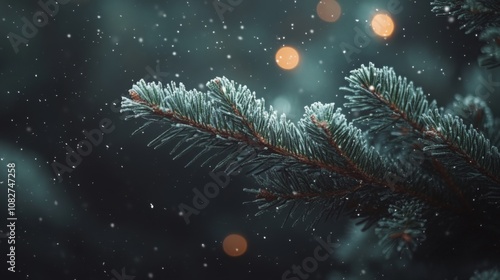 Close-up of a Pine Branch Covered in Snow with Bokeh Lights in the Background