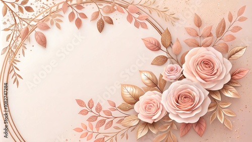 Rose gold floral frame with soft pink roses, metallic leaves, pale peach background