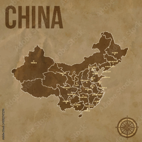 Vintage CHINA Map with Regions Borders and Major Cities Positions