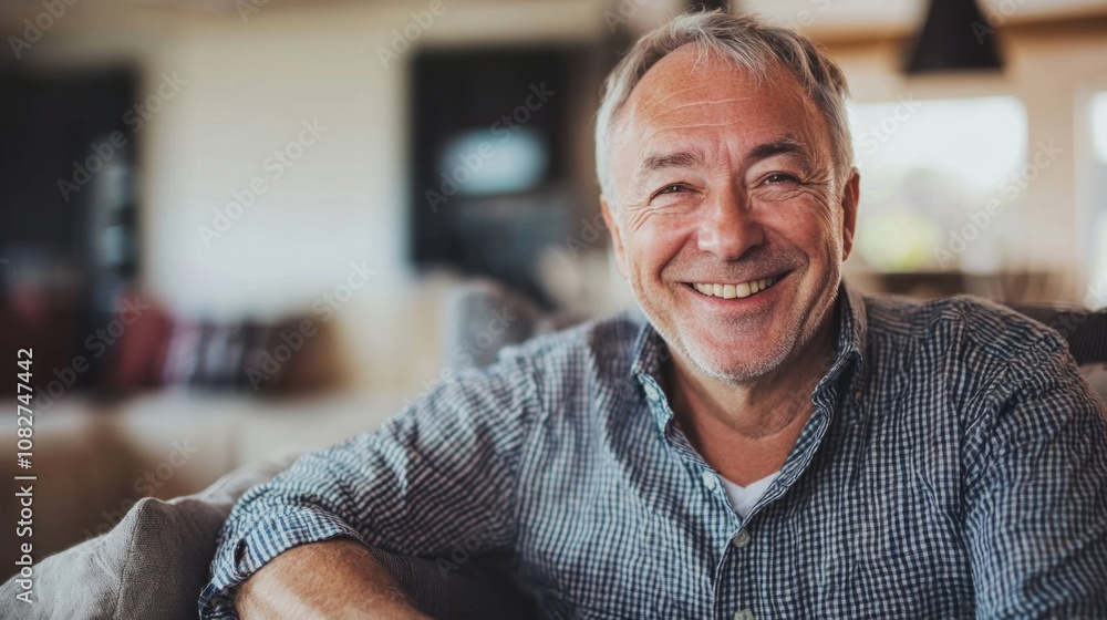 Smiling middle-aged man relaxing in modern living room during afternoon Smiling middle-aged man relaxing in modern living room during afternoon