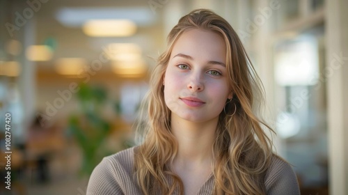 Professional portrait with soft natural light and blurred office background