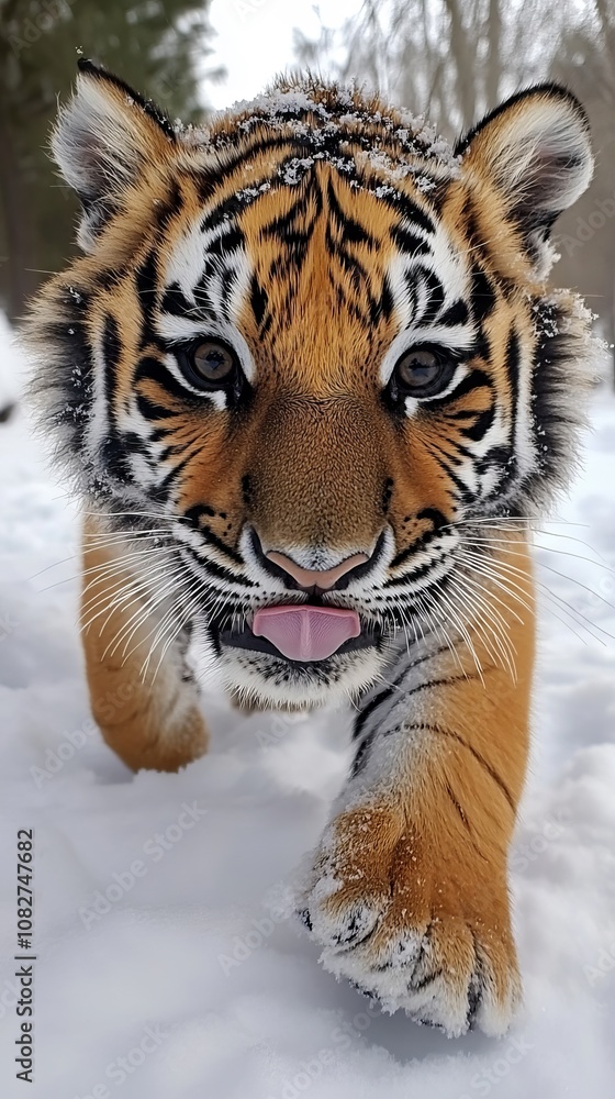 A small tiger walking through the snow with its tongue out A small tiger walking through the snow with its tongue out
