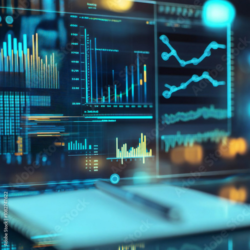 Financial Data Visualization on Digital Screen with Notebook and Pen