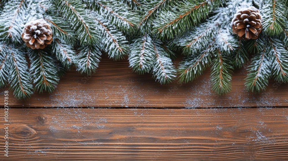 Snow-Covered Pine Branches with Pinecones on a Wooden Surface Snow-Covered Pine Branches with Pinecones on a Wooden Surface