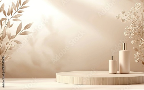 Wallpaper Mural Elegant still life featuring minimalist beauty products arranged on a natural wooden display against a soft beige background Torontodigital.ca
