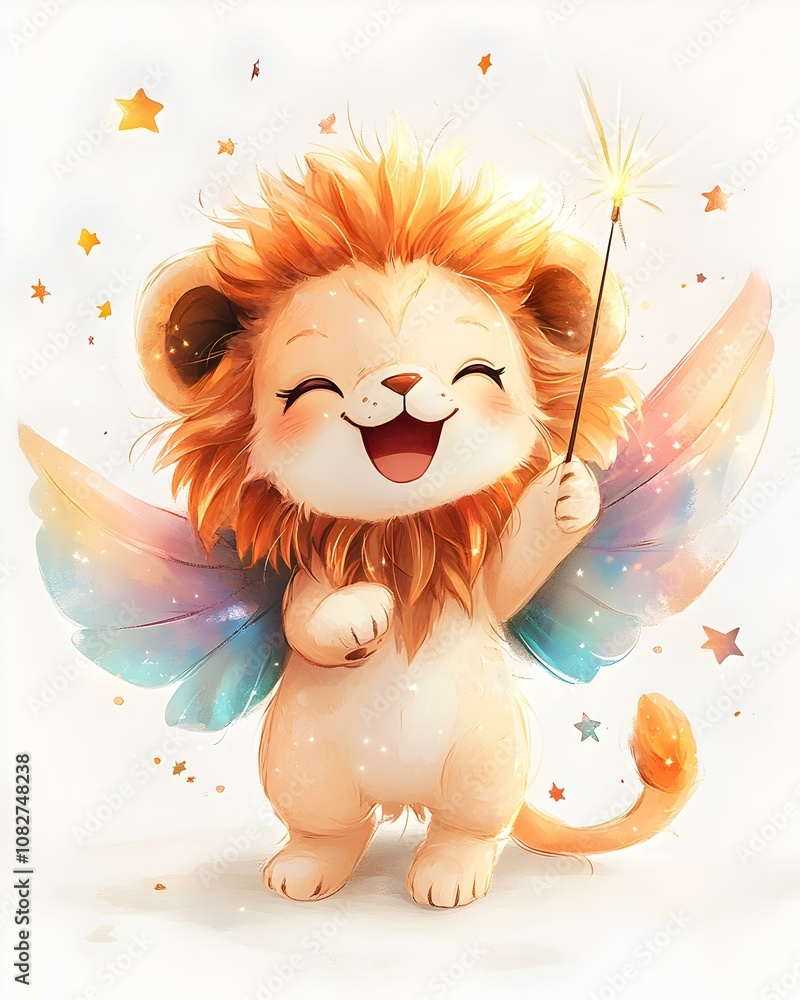 Charming chibi lion cub, adorned with luminous pastel wings, exuding whimsy and enchantment in a magical forest setting. Charming chibi lion cub, adorned with luminous pastel wings, exuding whimsy and enchantment in a magical forest setting.