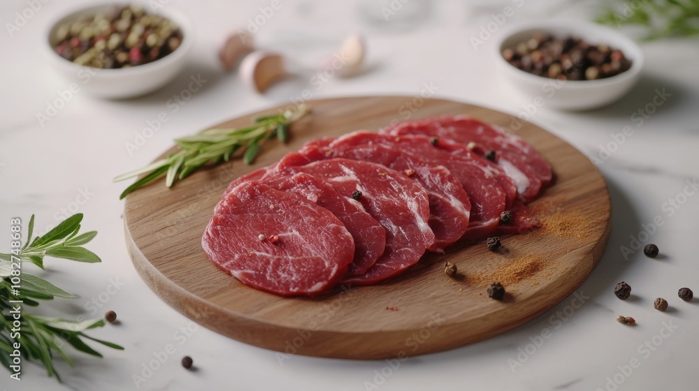 Red veal meat slices presented on a wooden board surrounded by assorted spices in a clean kitchen setting Red veal meat slices presented on a wooden board surrounded by assorted spices in a clean kitchen setting