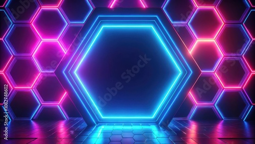 Futuristic Neon Hexagon Background with Abstract Technology Concept