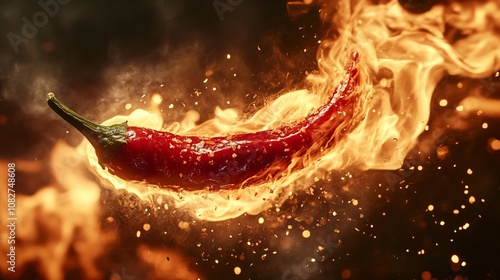 Fiery red chipotle chili pepper engulfed in flames , hot, spicy, burning, intense, pepper, flames, red, heat, food, cooking photo