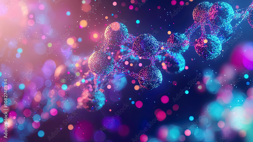 3D model of a complex protein structure illuminated with colorful data points representing interactions 3D model of a complex protein structure illuminated with colorful data points representing interactions