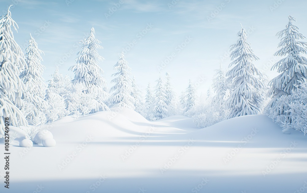 Snow-covered landscape with towering evergreen trees in a tranquil winter wonderland during daylight hours Snow-covered landscape with towering evergreen trees in a tranquil winter wonderland during daylight hours