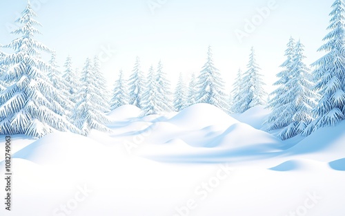 Snow-covered landscape with evergreen trees under a clear sky in a serene winter setting