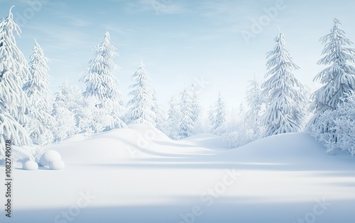 Snow-covered landscape with towering evergreen trees in a tranquil winter wonderland during daylight hours