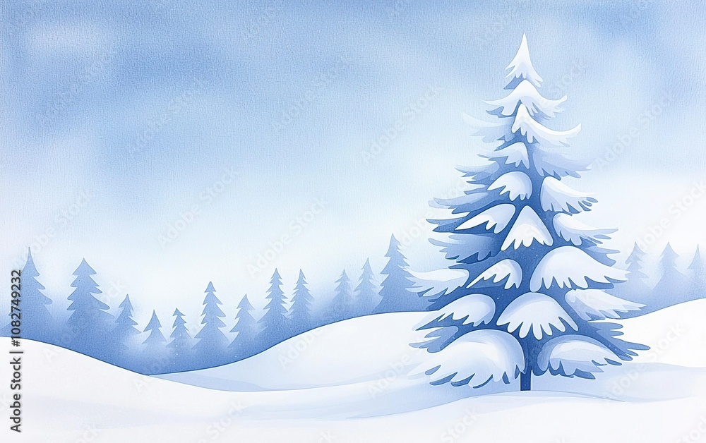 Naklejka premium Winter landscape featuring a snow-covered pine tree against a soft blue sky in a serene snowy setting