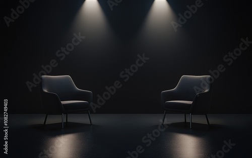 Wallpaper Mural Two modern chairs illuminated in a dimly lit room, creating an inviting atmosphere for conversation or reflection Torontodigital.ca