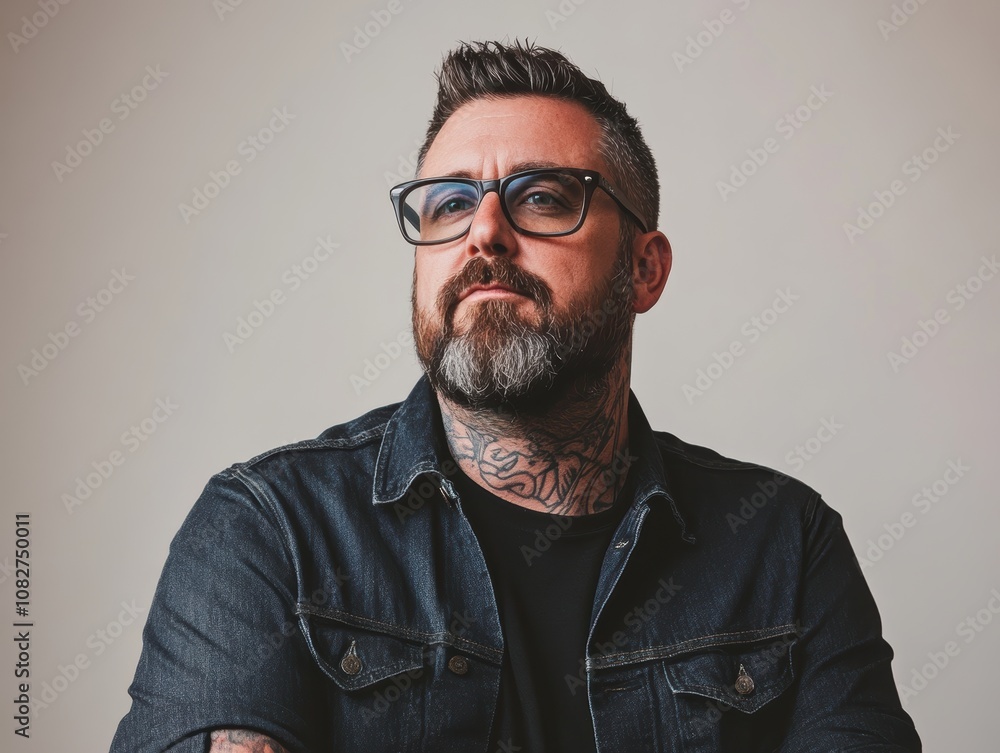 Man with tattoos and glasses poses confidently against a neutral background. Man with tattoos and glasses poses confidently against a neutral background.