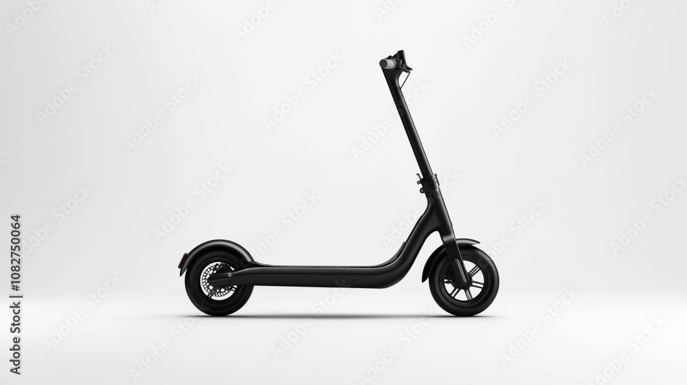 Sleek black electric scooter on a plain white background, showcasing modern transportation design with minimalistic features and compact wheels for urban commuting Sleek black electric scooter on a plain white background, showcasing modern transportation design with minimalistic features and compact wheels for urban commuting