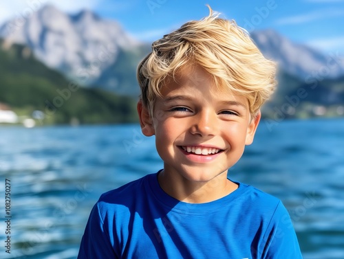 A young boy in a blue shirt smiles at the camera photo