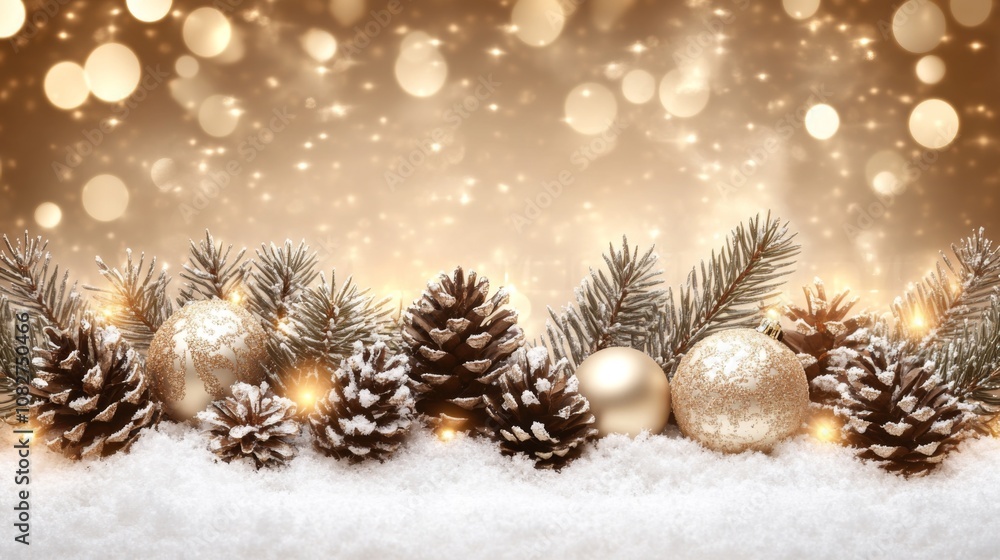 Golden Christmas Ornaments and Pine Cones in Snow with Blurry Lights Golden Christmas Ornaments and Pine Cones in Snow with Blurry Lights