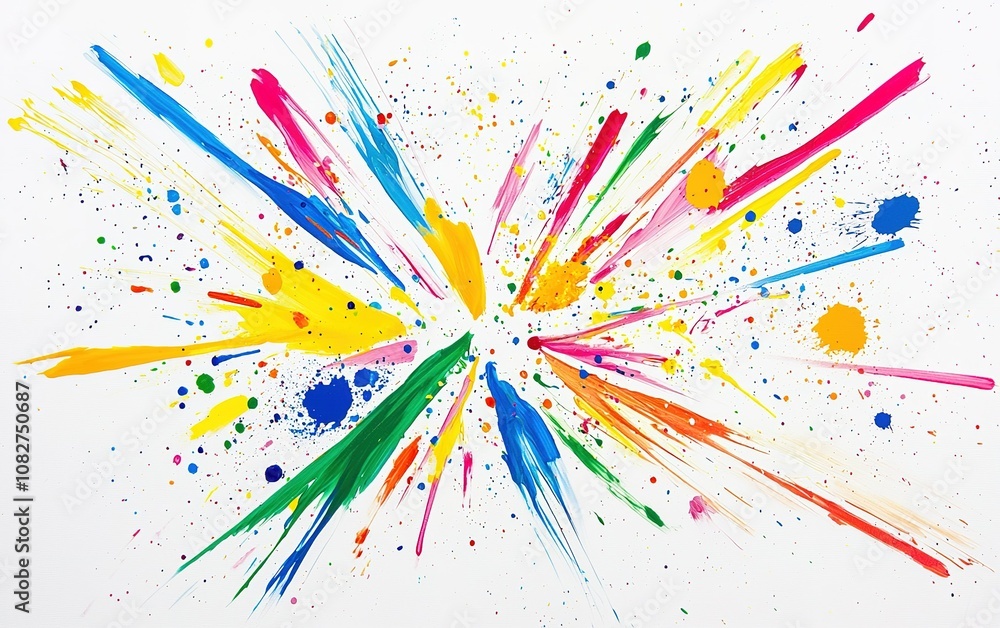 Vibrant explosion of colors on a white canvas showcasing splashes and streaks of paint in various shades and patterns Vibrant explosion of colors on a white canvas showcasing splashes and streaks of paint in various shades and patterns