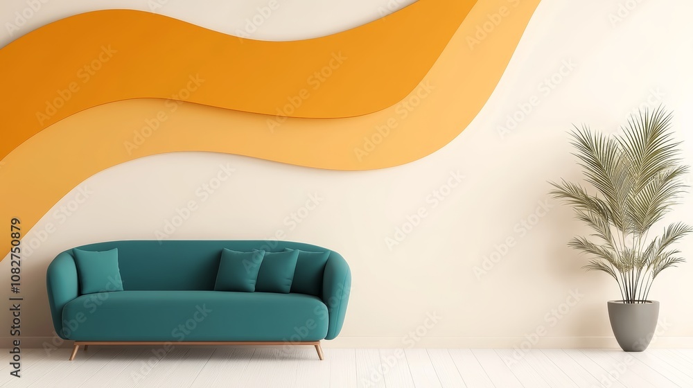 Vibrant blue couch in a modern living room with striking yellow wave wall design, interior design inspiration Vibrant blue couch in a modern living room with striking yellow wave wall design, interior design inspiration