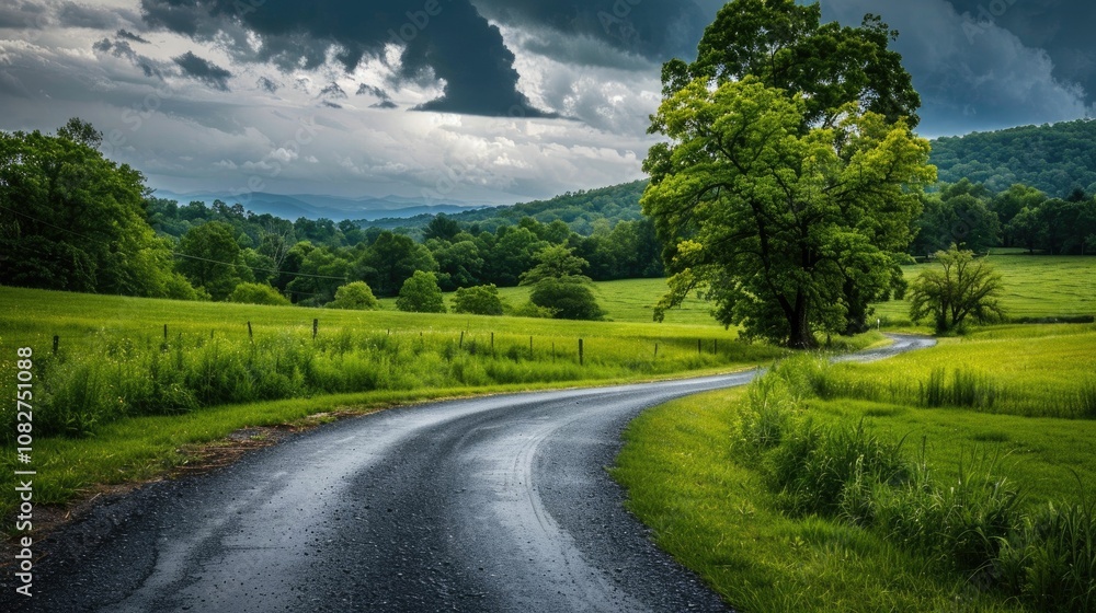 Quiet country road winding through expansive farmland Quiet country road winding through expansive farmland