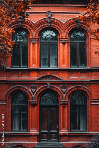 Vintage red-brick building facade with large arch windows in an urban setting surrounded by trees in autumn season