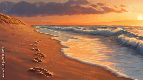 Tranquil beach scene at sunset with gentle waves leaving ephemeral footprints in golden sand warm hues paint the sky creating a serene and romantic coastal atmosphere. Ephemeral. Illustration