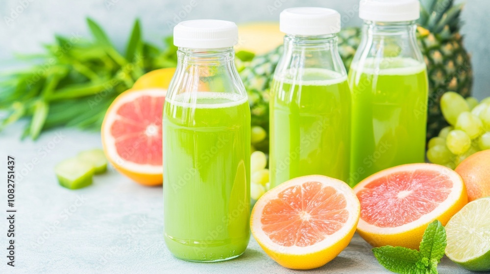 Fresh green juice bar setup featuring vibrant tropical fruits and refreshing beverages in a modern environment Fresh green juice bar setup featuring vibrant tropical fruits and refreshing beverages in a modern environment