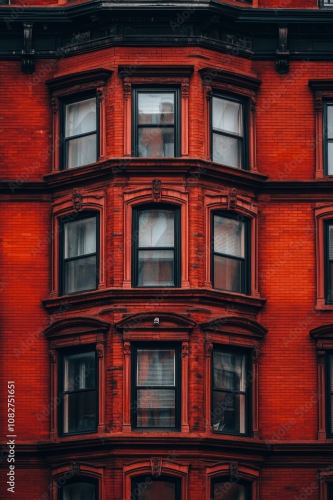 Fototapeta premium Vintage urban architecture featuring a red-brick building facade with large windows in a historic district during daylight hours