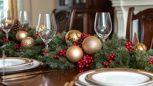 Christmas Table Setting with Gold Ornaments, Pine Garland, and Wine Glasses