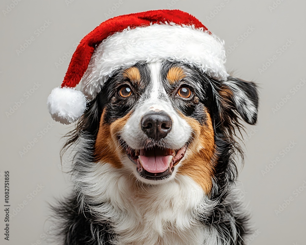 A joyful dog wearing a Santa hat celebrates the holiday season. Generative AI. A joyful dog wearing a Santa hat celebrates the holiday season. Generative AI.