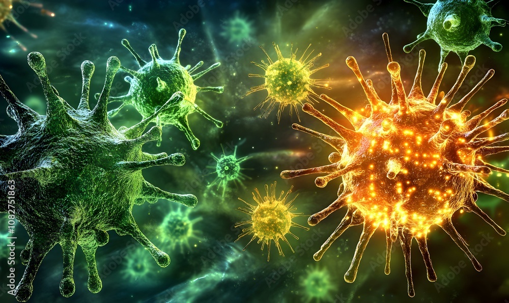 Obraz premium Abstract representation of prebiotics, vibrant colors, organic shapes, evoking health and wellness, engaging visual metaphor for nutrition.