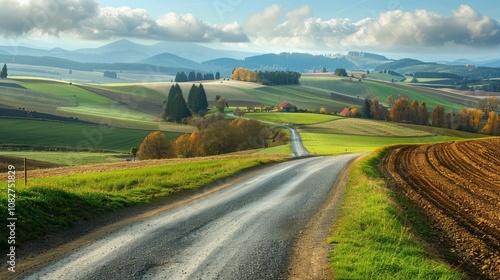 Quiet country road winding through expansive farmland