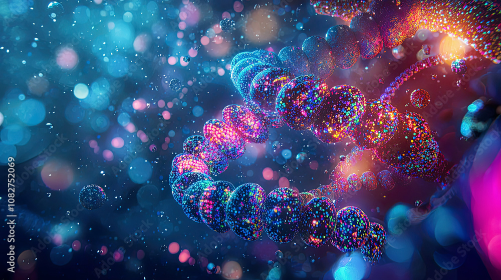 Artistic representation of a cell’s genome illuminated with colorful data overlays Artistic representation of a cell’s genome illuminated with colorful data overlays