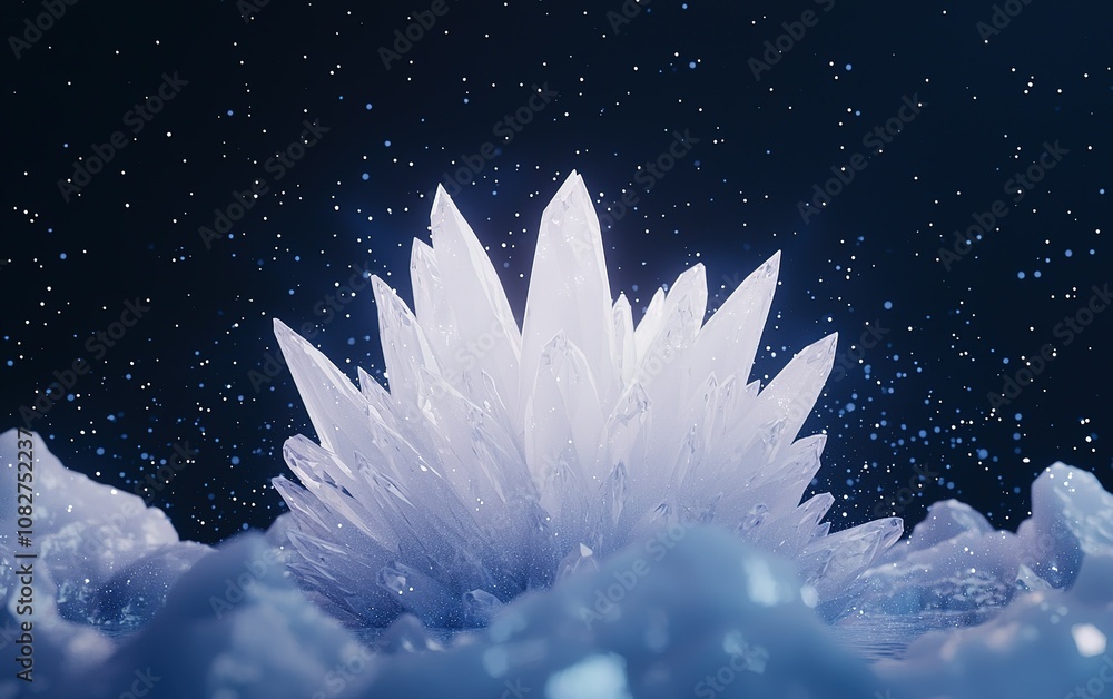 A stunning crystal formation illuminated against a dark background with shimmering particles falling around it A stunning crystal formation illuminated against a dark background with shimmering particles falling around it