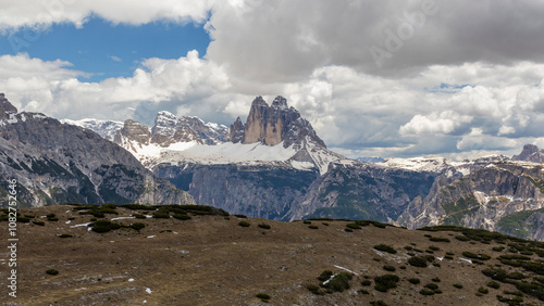 view from the mountain Strudelkopf to the panorama of the Tre Cime di Lavaredo mountains in the autonomous province Bolzano, italy photo