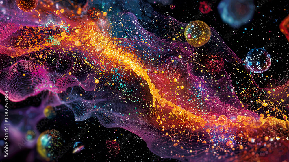Artistic visualization of a human cell's genetic information represented through vibrant data overlays Artistic visualization of a human cell's genetic information represented through vibrant data overlays