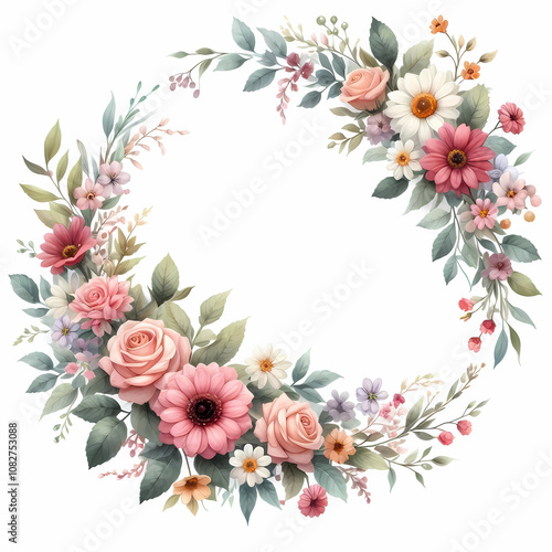 3D style flower wreath on white background