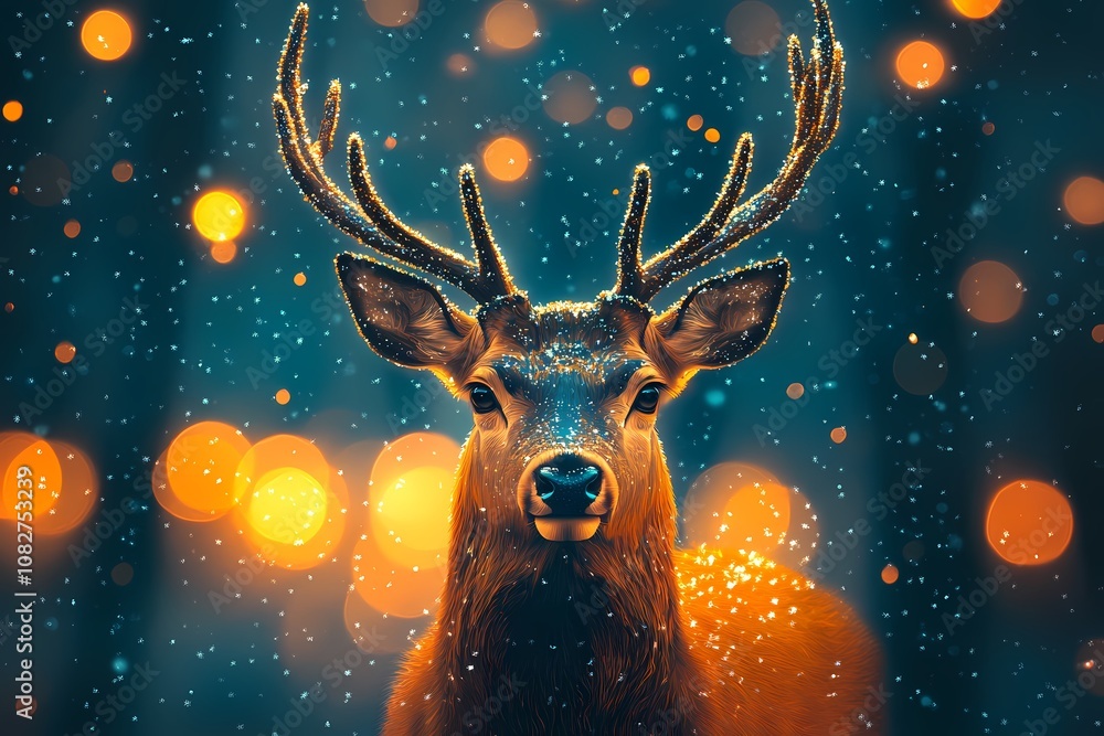 A festive deer with antlers stands in a snowy landscape during Christmas. Generative AI. A festive deer with antlers stands in a snowy landscape during Christmas. Generative AI.