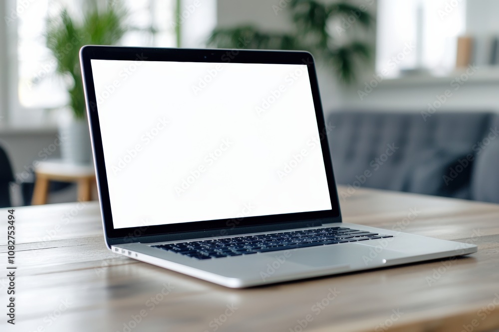 Laptop showing blank screen on wooden table in home office: Laptop showing blank screen on wooden table in home office: