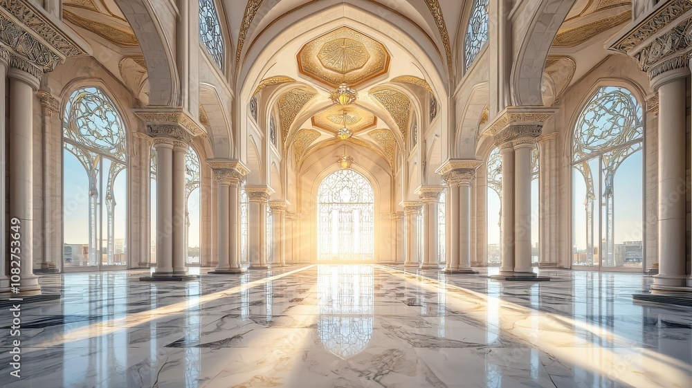 Sunlit Grand Hall with Stained-Glass Windows Sunlit Grand Hall with Stained-Glass Windows