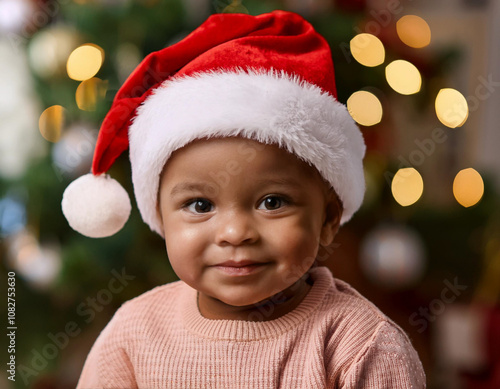 Joyful Holiday Wonder: Adorable Baby Girl Heartwarming Santa Moment by the Christmas Tree