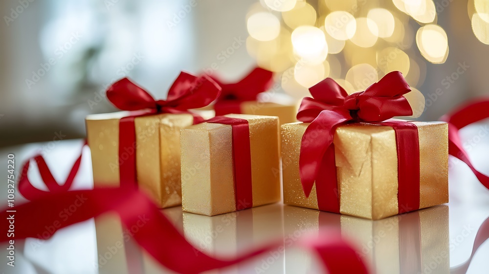 A captivating image of three golden gift boxes with delicate red ribbons, elegantly positioned on a white surface, reflecting light and adding a festive touch. A captivating image of three golden gift boxes with delicate red ribbons, elegantly positioned on a white surface, reflecting light and adding a festive touch.