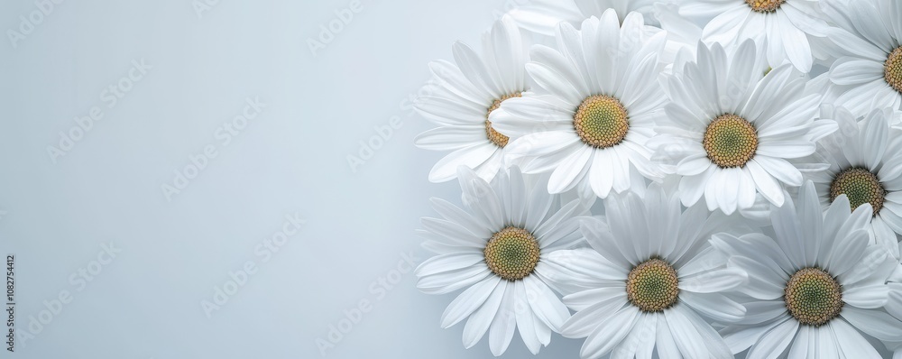 A serene arrangement of white daisies against a soft blue backdrop, conveying tranquility and natural beauty. A serene arrangement of white daisies against a soft blue backdrop, conveying tranquility and natural beauty.