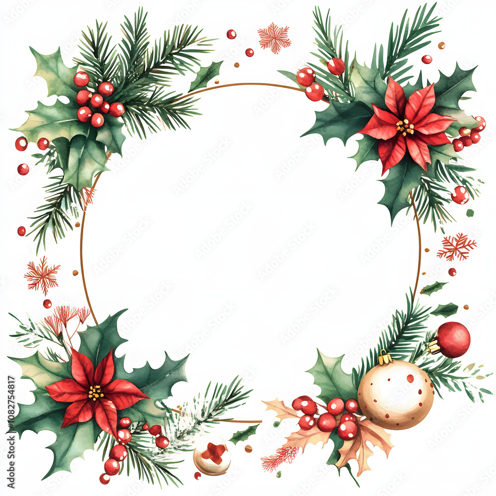Watercolor Christmas frame with balls and flowers on white background Watercolor Christmas frame with balls and flowers on white background