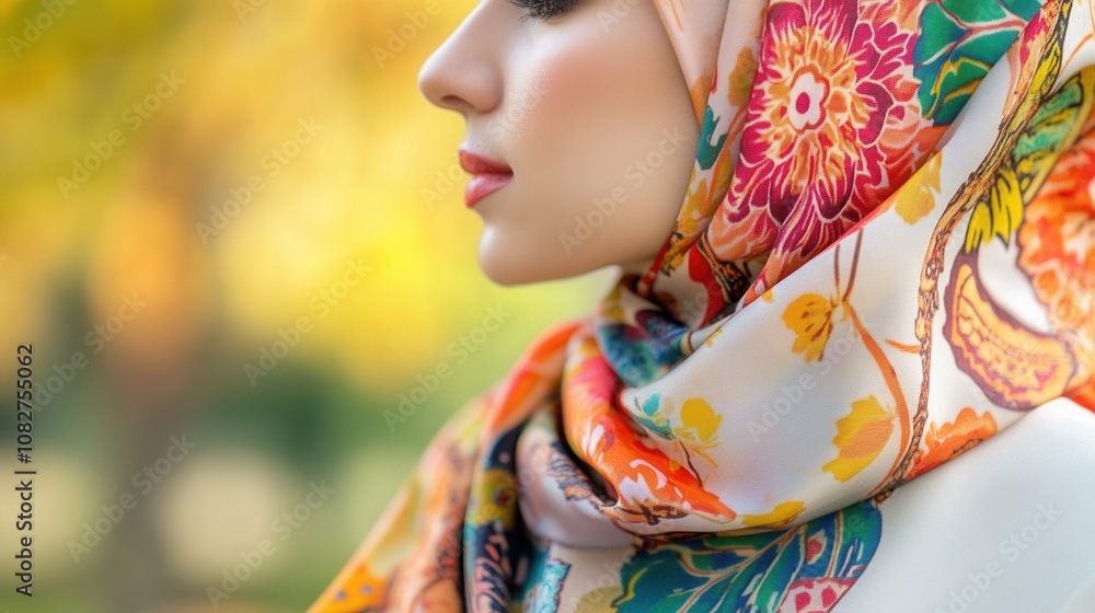 A woman elegantly dons a vibrant floral hijab, its intricate patterns glowing in soft sunlight A woman elegantly dons a vibrant floral hijab, its intricate patterns glowing in soft sunlight