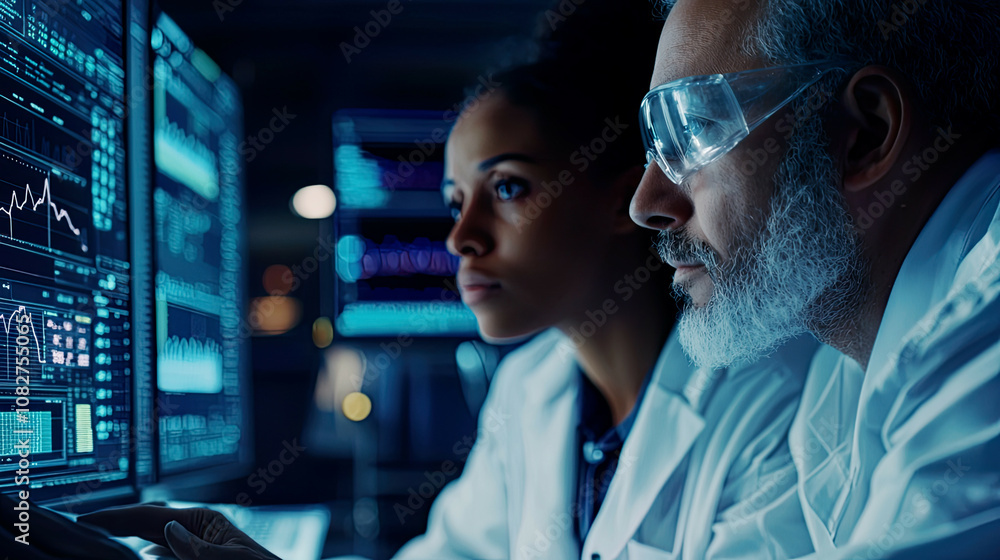 Close-up of scientists analyzing gene expression data using sophisticated bioinformatics tools Close-up of scientists analyzing gene expression data using sophisticated bioinformatics tools