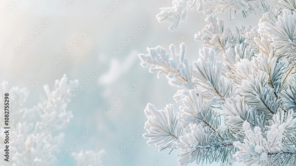 Pine Tree Branches Covered in Frost with Silvery Ice Crystals Extending from Right Against Pale Blue and White Background Pine Tree Branches Covered in Frost with Silvery Ice Crystals Extending from Right Against Pale Blue and White Background