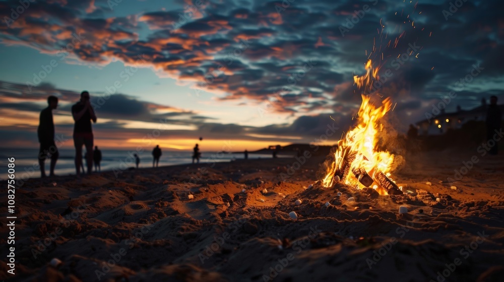 Beach bonfire under a beautiful sunset with silhouettes of people enjoying the warm glow and calming waves. A perfect evening setup. Beach bonfire under a beautiful sunset with silhouettes of people enjoying the warm glow and calming waves. A perfect evening setup.